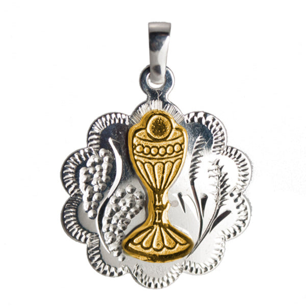 Engravable Communion Chalice Floral Sterling Silver Medal